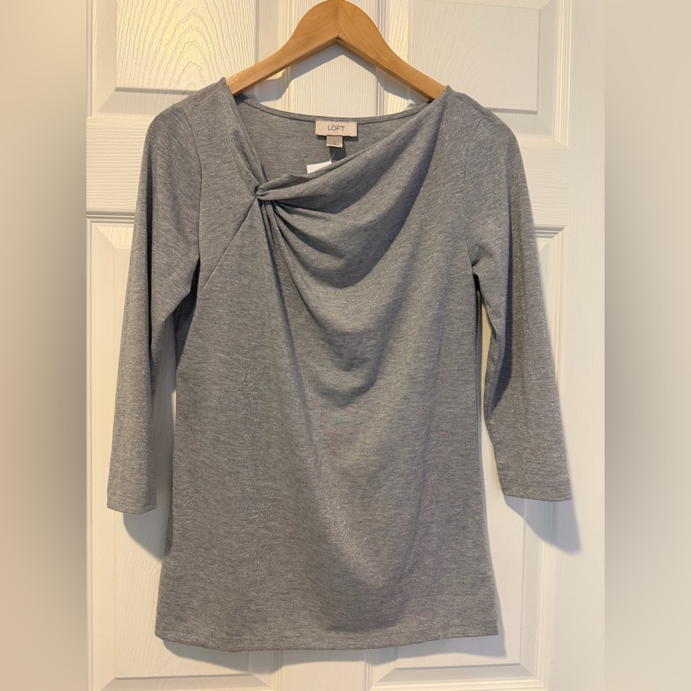 Silver Shimmer Holiday Draped Blouse 3/4 Sleeve Size Small NWT - Picture 2 of 5